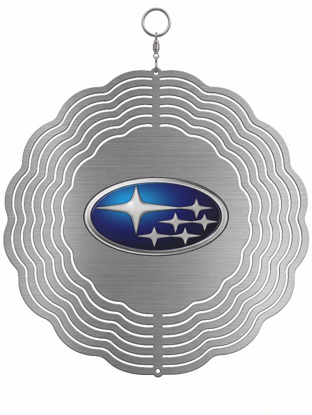 10" Subaru Blue Emblem Kinetic Wind Spinner - Brushed Silver Metal Yard Decor